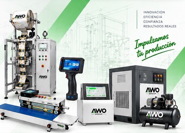 Equipos AWO: empacadora vertical, selladora con codificador, sistema de impresión TTO y compresor industrial